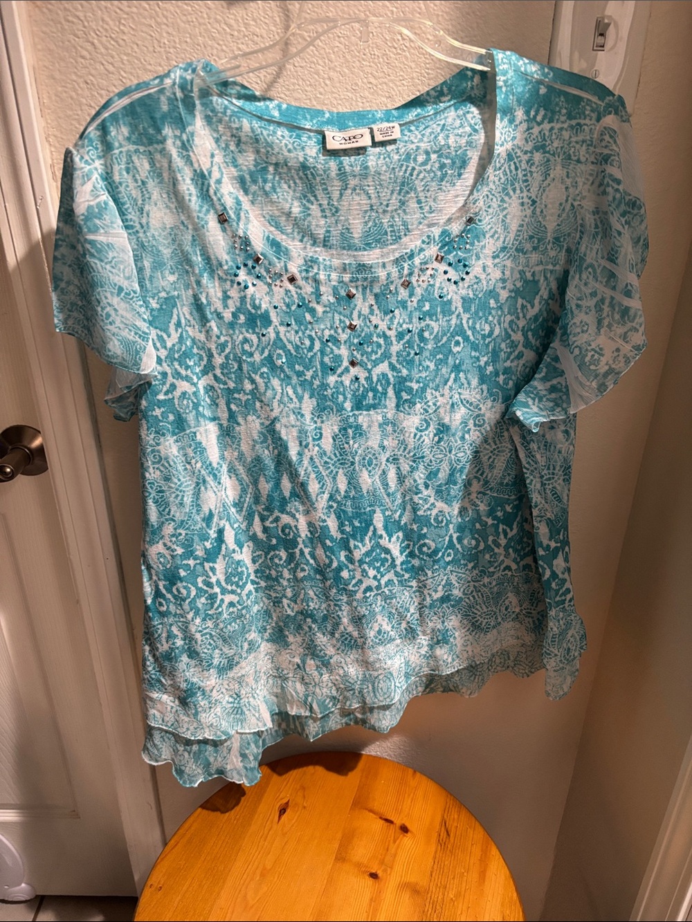 Cato Woman Turquoise White Printed Short Sleeve Blouse 22/24W
